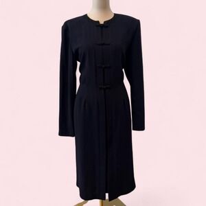 Vintage Debra Michaels Navy Midi Dress Frog‎ Button Front Long Sleeve Size 16